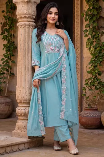 Women's sky blue silk  embroidered flared kurta set with dupatta and pant