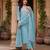 Women's sky blue silk  embroidered flared kurta set with dupatta and pant