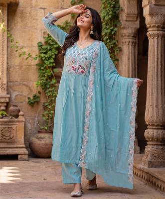 Women's sky blue silk  embroidered flared kurta set with dupatta and pant 4