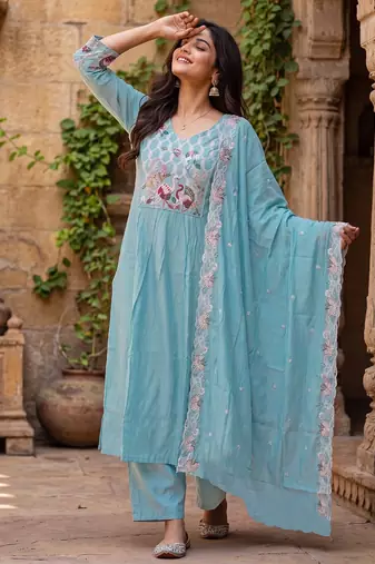 Women's sky blue silk  embroidered flared kurta set with dupatta and pant