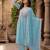 Women's sky blue silk  embroidered flared kurta set with dupatta and pant