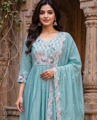 Women's sky blue silk  embroidered flared kurta set with dupatta and pant 5
