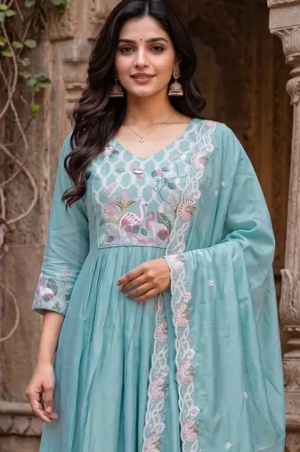 Women's sky blue silk  embroidered flared kurta set with dupatta and pant