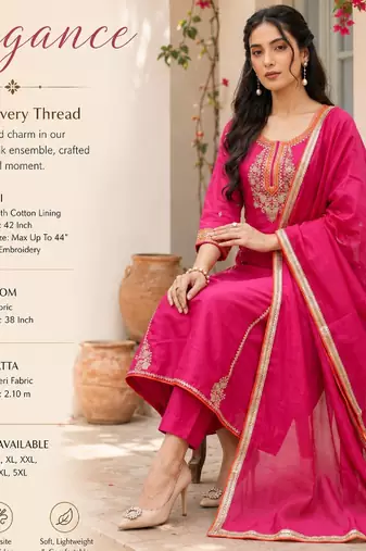 Women's silk pink embroidered a-line kurta set with dupatta and pant