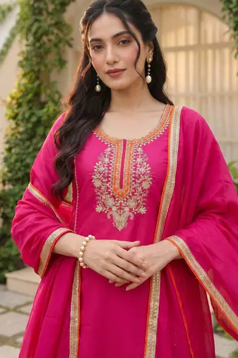 Women's silk pink embroidered a-line kurta set with dupatta and pant