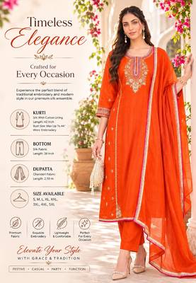 Women's silk orange embroidered a-line kurta set with dupatta and pant 2