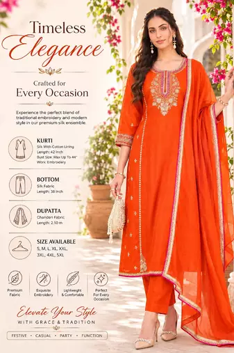 Women's silk orange embroidered a-line kurta set with dupatta and pant