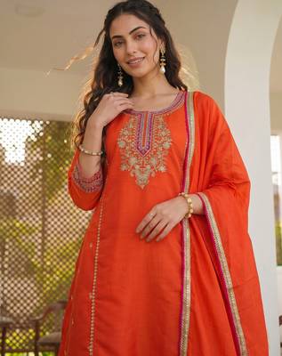 Women's silk orange embroidered a-line kurta set with dupatta and pant 5