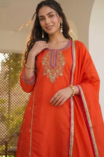 Women's silk orange embroidered a-line kurta set with dupatta and pant