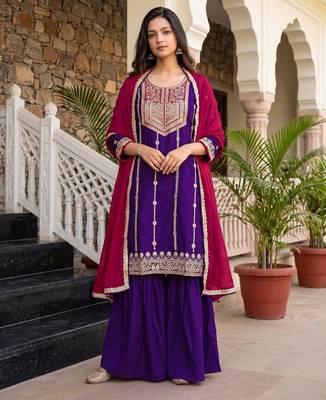 Women's silk blend violet embroidered straight kurta set with dupatta and sharara 1