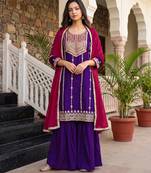 Women's silk blend violet embroidered straight kurta set with dupatta and sharara