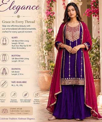 Women's silk blend violet embroidered straight kurta set with dupatta and sharara 2