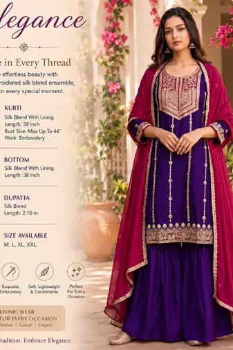 Women's silk blend violet embroidered straight kurta set with dupatta and sharara