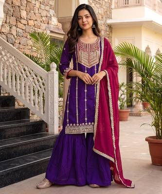 Women's silk blend violet embroidered straight kurta set with dupatta and sharara 3