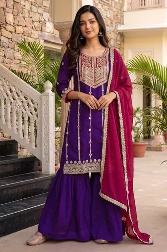 Women's silk blend violet embroidered straight kurta set with dupatta and sharara
