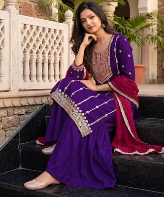 Women's silk blend violet embroidered straight kurta set with dupatta and sharara 4