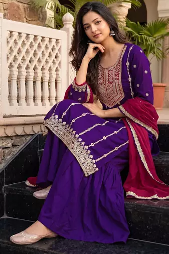 Women's silk blend violet embroidered straight kurta set with dupatta and sharara