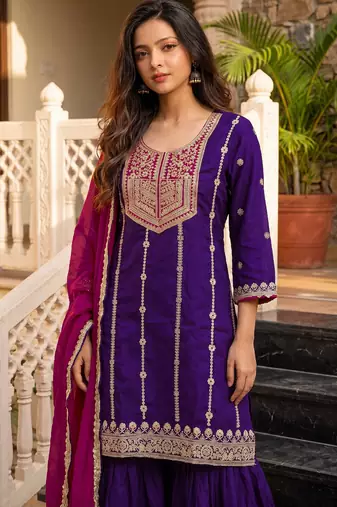 Women's silk blend violet embroidered straight kurta set with dupatta and sharara