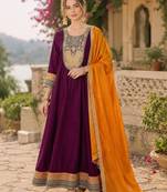 Women's wine flared silk blend embroidered kurta set with dupatta and pant