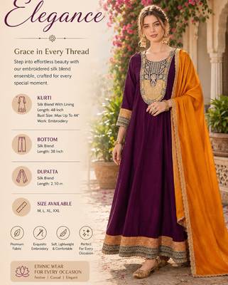 Women's wine flared silk blend embroidered kurta set with dupatta and pant 2
