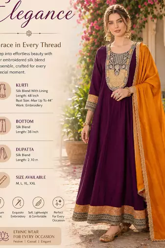 Women's wine flared silk blend embroidered kurta set with dupatta and pant