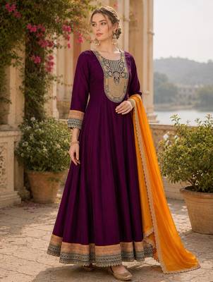 Women's wine flared silk blend embroidered kurta set with dupatta and pant 3