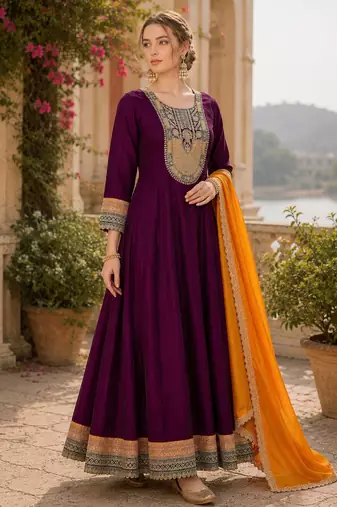 Women's wine flared silk blend embroidered kurta set with dupatta and pant