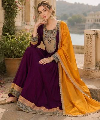 Women's wine flared silk blend embroidered kurta set with dupatta and pant 4