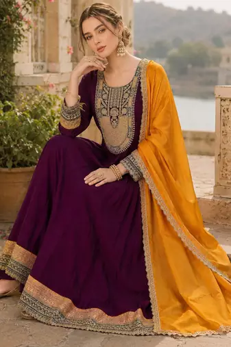 Women's wine flared silk blend embroidered kurta set with dupatta and pant