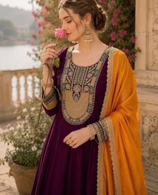 Women's wine flared silk blend embroidered kurta set with dupatta and pant 5
