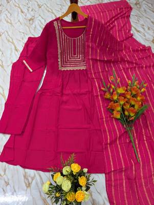 Women's pink flared viscose embroidered kurta set with dupatta and pant 2