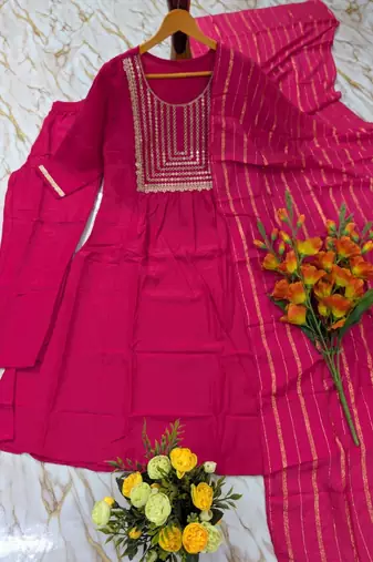 Women's pink flared viscose embroidered kurta set with dupatta and pant