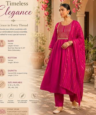 Women's pink flared viscose embroidered kurta set with dupatta and pant 2