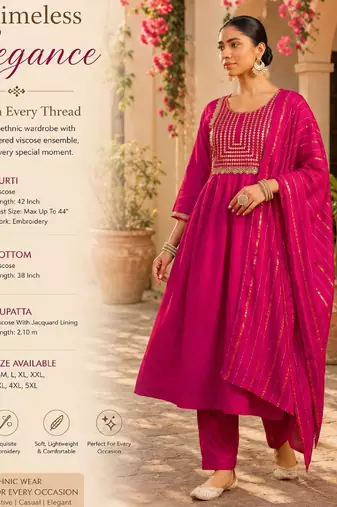 Women's pink flared viscose embroidered kurta set with dupatta and pant