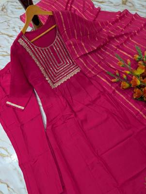 Women's pink flared viscose embroidered kurta set with dupatta and pant 3