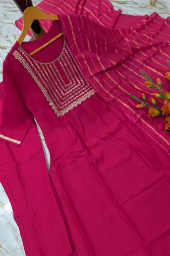 Women's pink flared viscose embroidered kurta set with dupatta and pant