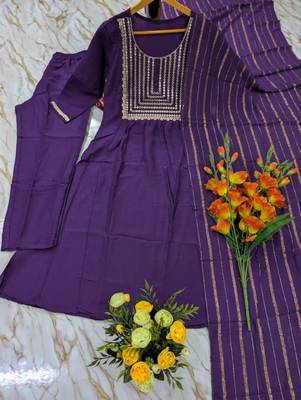 Women's violet flared viscose embroidered kurta set with dupatta and pant 2