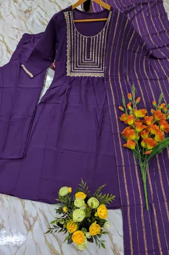 Women's violet flared viscose embroidered kurta set with dupatta and pant