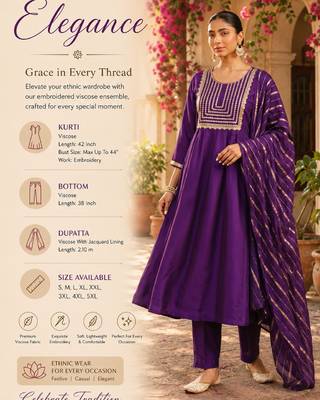 Women's violet flared viscose embroidered kurta set with dupatta and pant 2