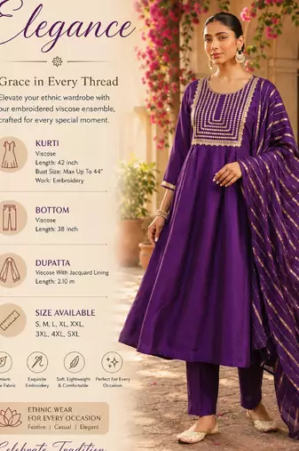 Women's violet flared viscose embroidered kurta set with dupatta and pant