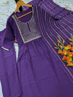 Women's violet flared viscose embroidered kurta set with dupatta and pant 3