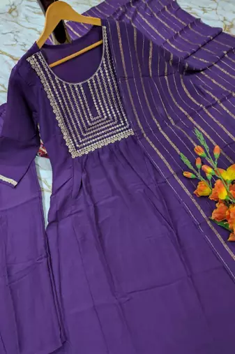 Women's violet flared viscose embroidered kurta set with dupatta and pant