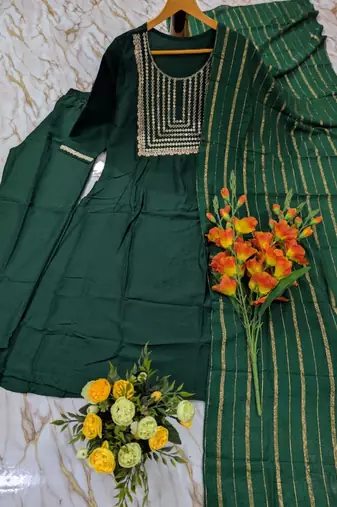 Women's green flared viscose embroidered kurta set with dupatta and pant