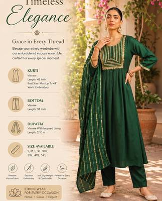 Women's green flared viscose embroidered kurta set with dupatta and pant 2
