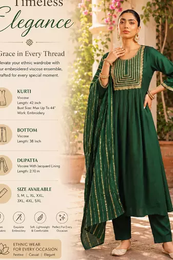 Women's green flared viscose embroidered kurta set with dupatta and pant