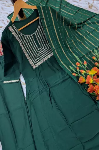 Women's green flared viscose embroidered kurta set with dupatta and pant