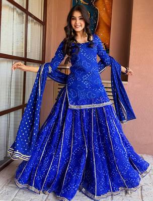 Women's blue heavy georgette with inner printed kurta set with sharara and dupatta 1
