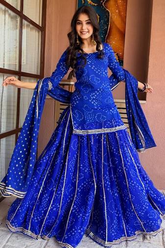 Women's blue heavy georgette with inner printed kurta set with sharara and dupatta