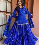 Women's blue heavy georgette with inner printed kurta set with sharara and dupatta