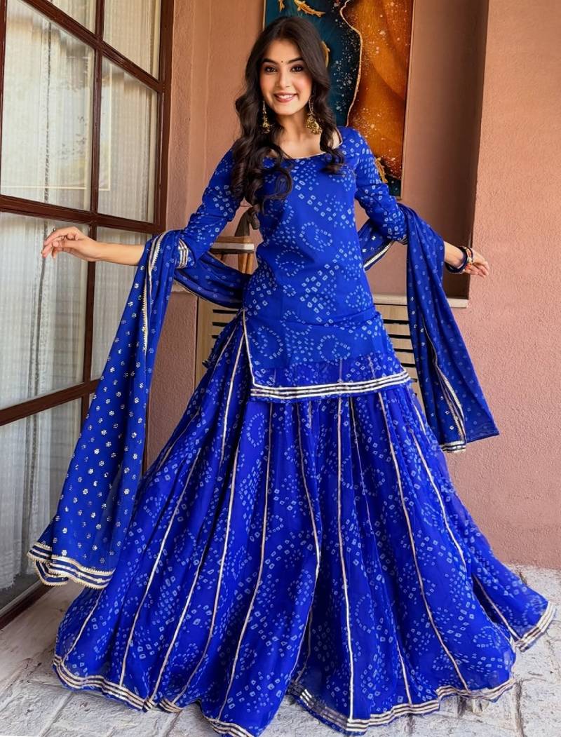 Women's blue heavy georgette with inner printed kurta set with sharara and dupatta